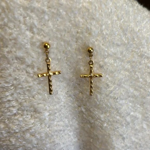Beautiful Vintage Gold Cross Dangle Pierced Earrings - Picture 3 of 5